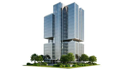 Modern glass skyscraper building with trees and green landscaping against a black background.