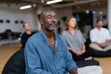 Fototapeta premium A man sits peacefully in meditation, embodying tranquility and mindfulness, surrounded by a serene environment that encourages a connection to self and the moment.