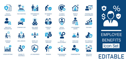 Employee Benefits and Human Resources solid icon set. Featuring Health Insurance, Remote Work, Work Life Balance, and Flexible Schedule. Flat vector design for company culture and employee onboarding.