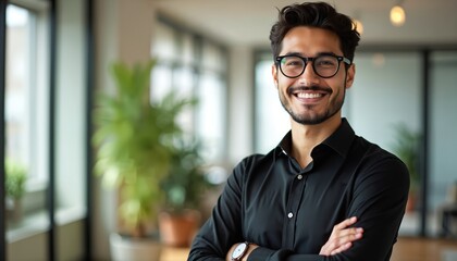 Smiling man in black shirt and glasses stands with arms crossed in modern office. He looks happy and confident, ready for business. Professional portrait.