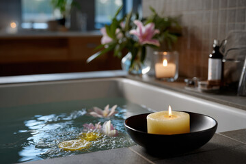 An elegant spa setting showcasing a tub with water lilies and herbs, a glowing candle, and lush plants that promote an inviting and peaceful ambiance for relaxation.