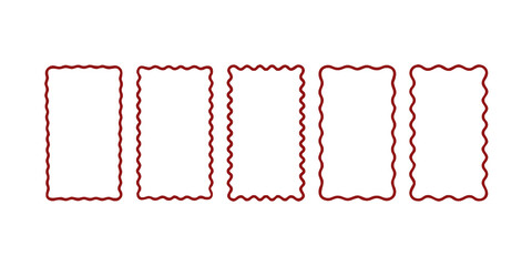 Set of rectangle frames with wavy edges. Rectangular shapes with wiggly borders. Picture or photo frames, empty text boxes, tags, labels isolated on white background. Vector graphic illustration.