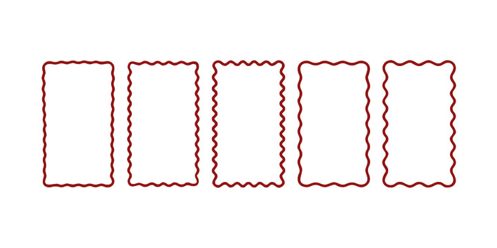 Set of rectangle frames with wavy edges. Rectangular shapes with wiggly borders. Picture or photo frames, empty text boxes, tags, labels isolated on white background. Vector graphic illustration.