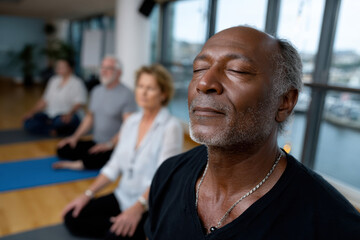 Obraz premium A man sitting in a meditation session with his eyes closed radiates calmness and mindfulness, symbolizing personal growth and emotional balance in a collective environment.