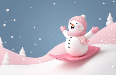 Fototapeta premium Snowman sledding down pink snowy hill winter holiday