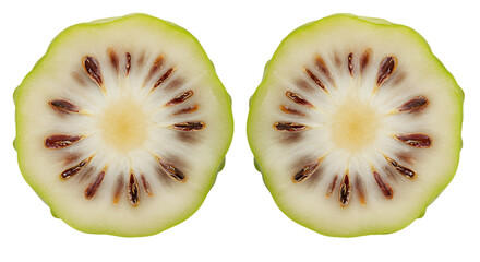 Sliced noni fruit seeds and pulp
