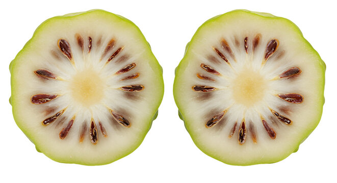 Sliced noni fruit seeds and pulp