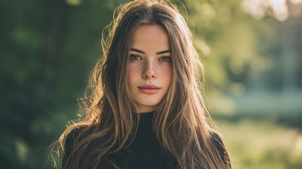 Naklejka premium Beautiful young woman with long hair and natural makeup standing outdoors in a serene green landscape, capturing a moment of tranquility and beauty.