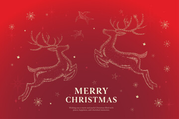 Elegant Merry Christmas Banner Background with Gold Glitter Reindeer, Red Gradient and Snowflake Decorations