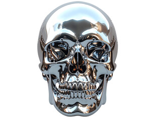 Chrome Human Skull Front View, Reflective Metallic Surface, Isolated on Transparent Background, PNG