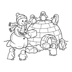 Fototapeta premium Snowman and penguins building an igloo colouring page