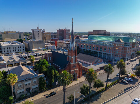 St. Mary of the Assumption Catholic Church aerial view at 203 E Washington Street in historic downtown Stockton, California CA, USA. 