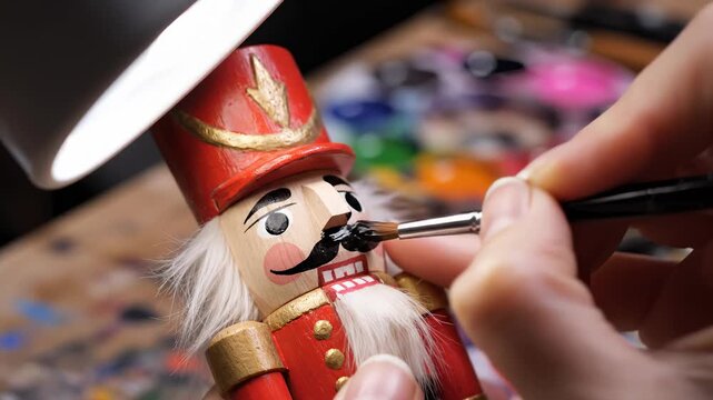 Painting a Decorative Wooden Nutcracker With Fine Brush Details, Close Up