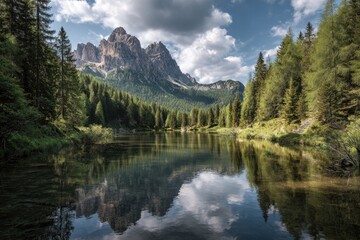 Serene lake reflects mountain peaks, framed by verdant trees
