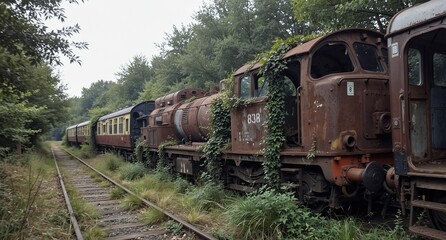 Fototapeta premium abandoned rusty diesel locomotive and vintage train cars overgrown with vines on a derelict railway track.