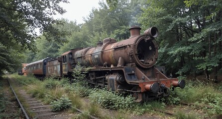 Fototapeta premium abandoned steam train decaying on overgrown railway tracks in a lush forest environment.