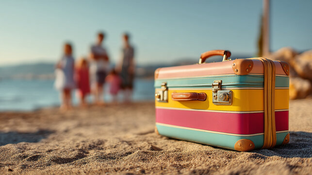 Colorful suitcase on a sandy beach with a blurred family in background