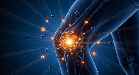 glowing knee joint with radiating energy particles representing pain or inflammation in a medical illustration.