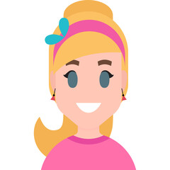 Cartoon Style Blonde Woman With Blue Eyes Wearing Pink Top and Pink Headband with Blue Bow Accessory Smiling Brightly Against a White Background