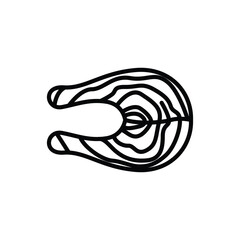 A black line drawing of a salmon fillet with visible fat marbling