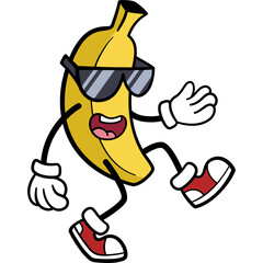 Cartoon Yellow Banana Character Wearing Sunglasses and Red Sneakers Dancing and Grooving with a Funky Retro Vibe Against a Transparent Background