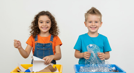 Smiling children recycling paper and plastic waste in a bright environment