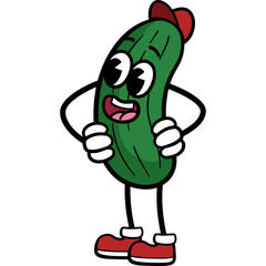 Cartoon Cucumber Character with Red Hat and Shoes Standing with Hands on Hips on White Background