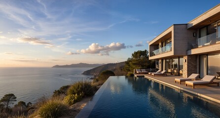 luxury coastal villa with infinity pool overlooking mediterranean sea at sunset