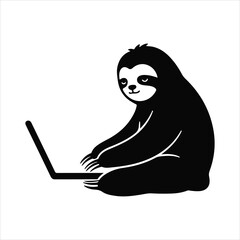 Symmetric black and white illustration of a sitting three-toed sloth character using a portable laptop computer, symbolizing slow progress, internet tasks, or remote work concept. © Mohon