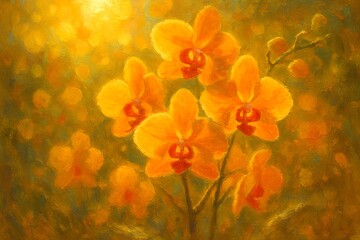 Vibrant impressionistic painting of golden orange orchids with a warm glowing bokeh background