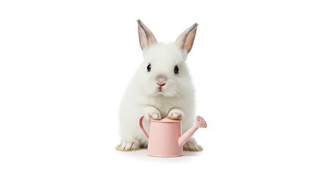 White bunny with a pink watering can isolated spring theme