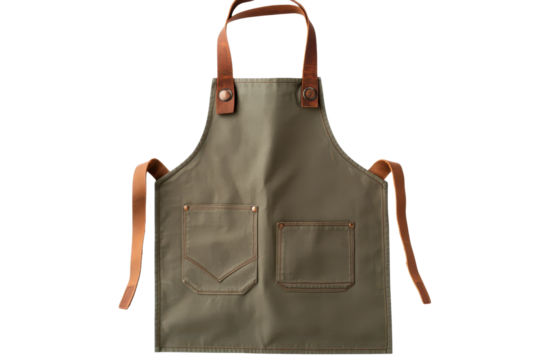 Canvas apron with leather straps and pockets designed for cooking, crafting, or gardening use in a workshop or kitchen setting