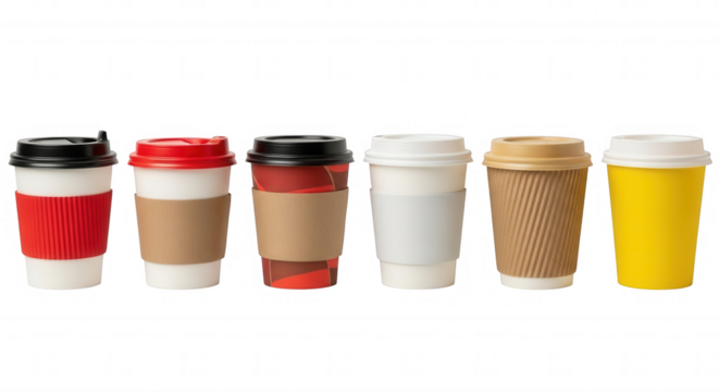 Assorted disposable beverage containers isolated on a transparent background