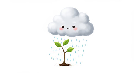 Cartoon cloud watering a young plant growth nature and environmental concepts