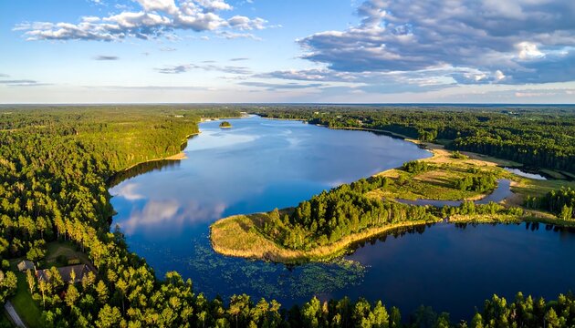 Aerial View of Serene Lakeside Landscape.