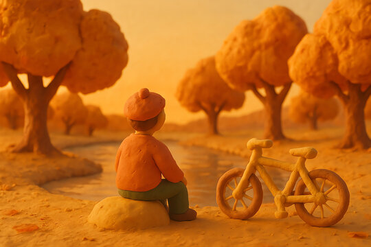 Charming claymation scene of a child and bicycle by a tranquil river at golden hour during autumn