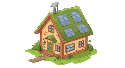 Cartoon house with solar panels and green roof on transparent background