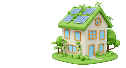 Eco friendly house with solar panels and greenery on transparent background
