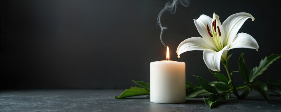 White lily flower and burning candle on dark surface. Gentle smoke rises from candle flame. Space for text offers solemn remembrance or condolence message for loss.