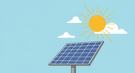 Solar panel illustration with sun and clouds against a light blue background