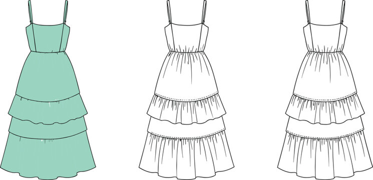 Tiered summer dress fashion illustration with straps, gathered skirt, flat sketch, coloring page, apparel design, vector template for stock