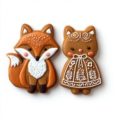 Festive gingerbread cookies shaped like a fox and a cat, decorated with icing and a joyful design