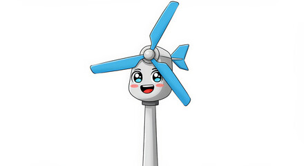 Cartoon wind turbine smiling against transparent background renewable energy illustration