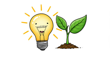 Cartoon lightbulb with smiling face and green plant representing new ideas