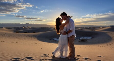 romantic couple kissing in desert landscape at golden hour with mountain view