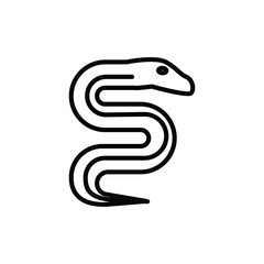 A simple drawing of a snake in black lines its body shaped like an S with a rounded head and single eye