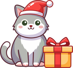  cute cat wearing Santa hat sitting beside gift box, vector illustration, flat minimal style, isolated on white background , vector icon, white background
