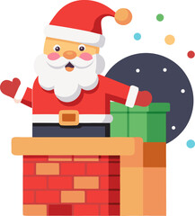   Santa delivering gifts down chimney, flat vector, vector icon, white background
