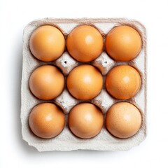 Top view of nine fresh brown eggs in a carton