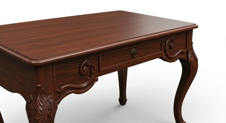 Ornate wooden writing desk features curved legs and intricate carvings against a white background